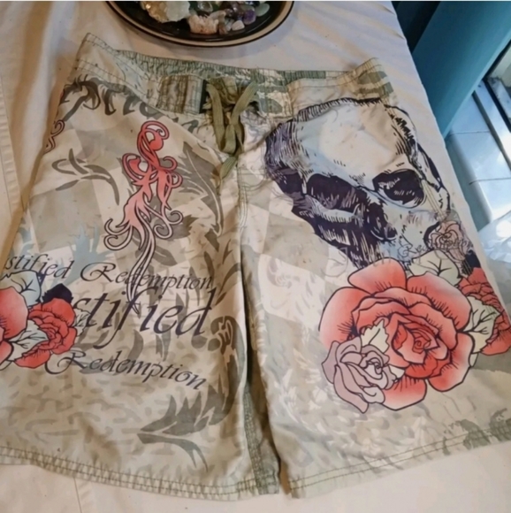 No Regrets Oversized Surfer Shorts with Tattoo Print in Ecru